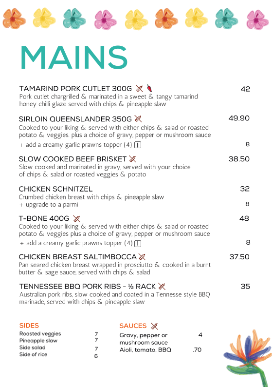 Menu, Barbossa Bar & Bottle Shop