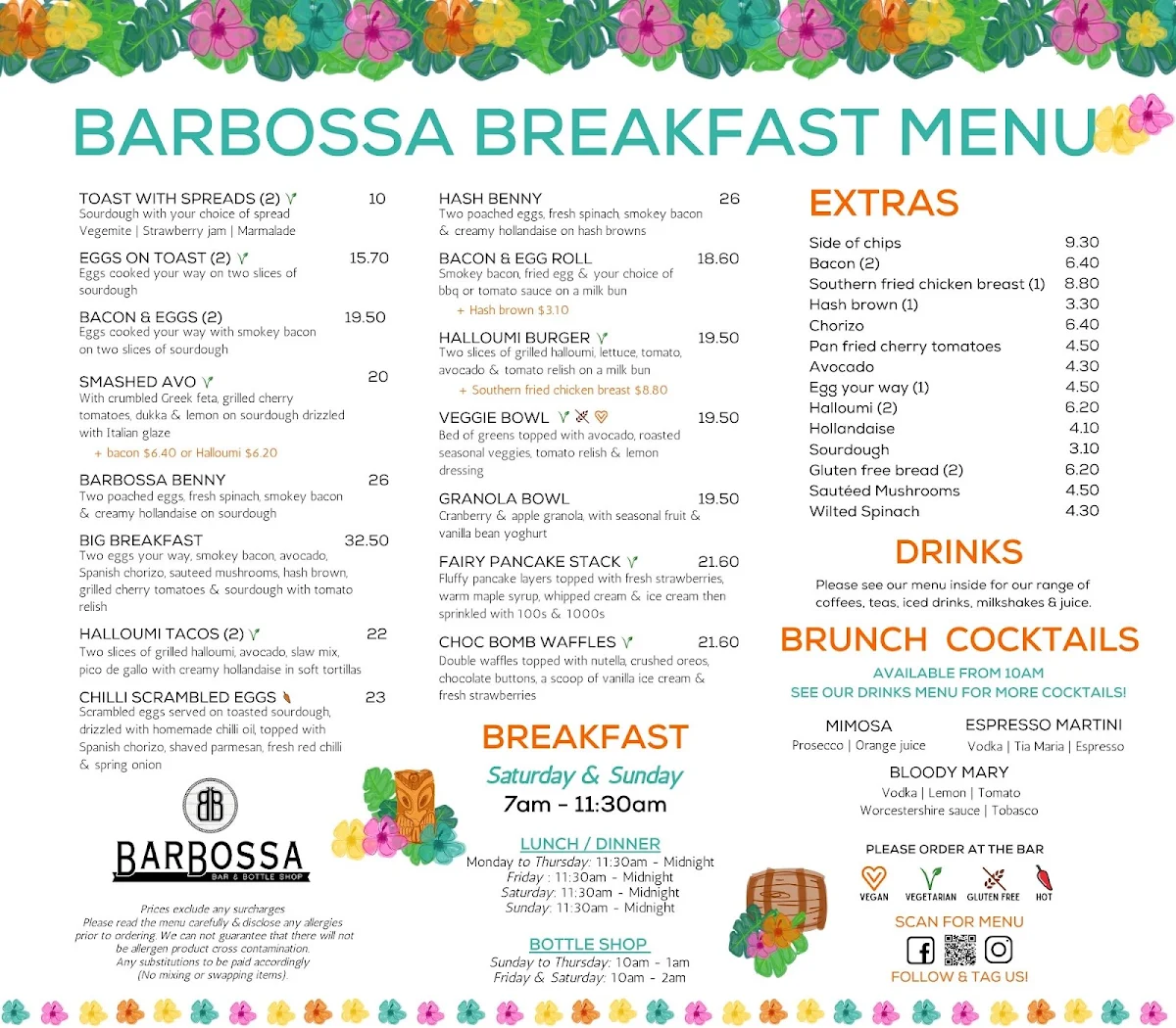 Menu, Barbossa Bar & Bottle Shop