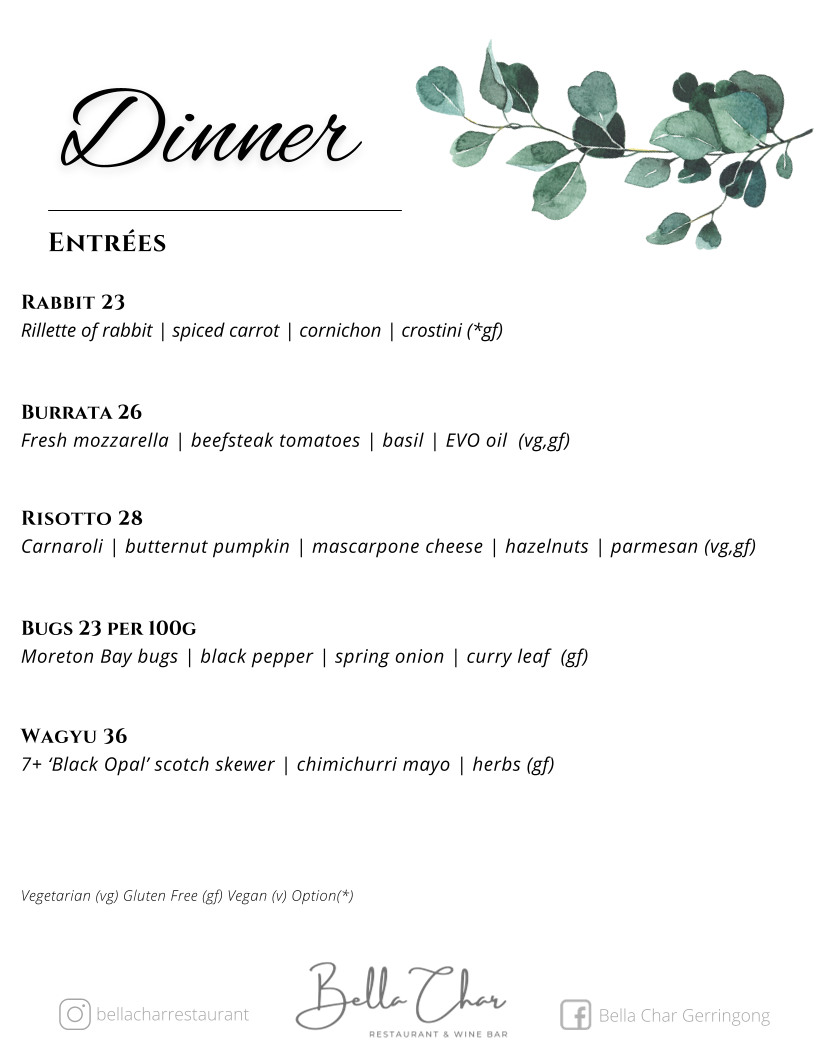 Menu, Bella Char Restaurant and Wine Bar