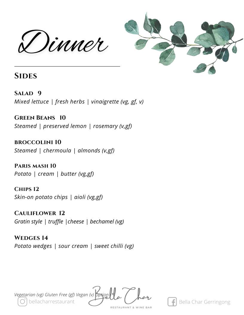 Menu, Bella Char Restaurant and Wine Bar