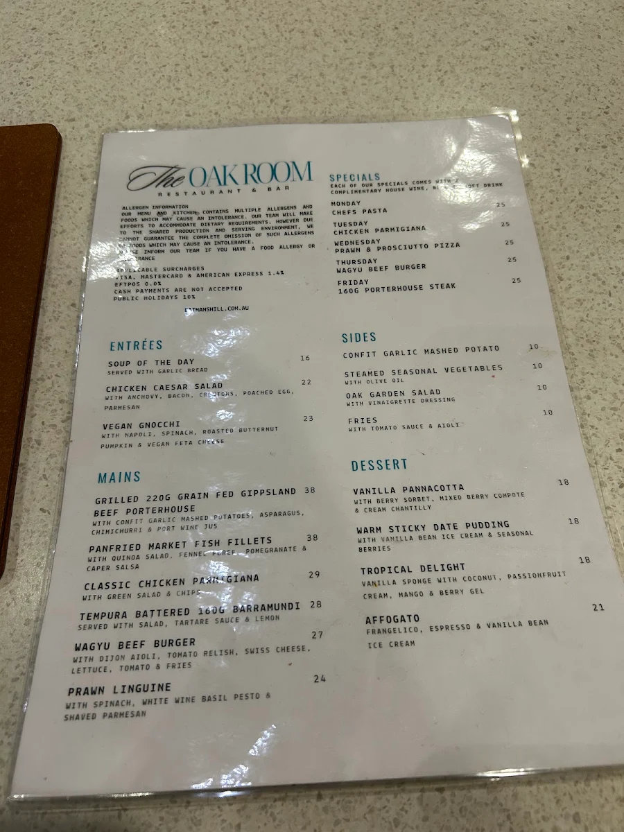 Menu, The Oakroom at Batman's