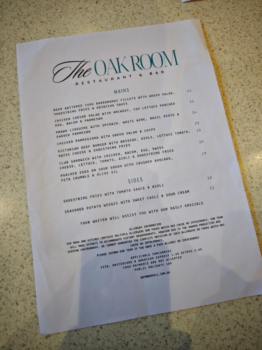 Menu, The Oakroom at Batman's