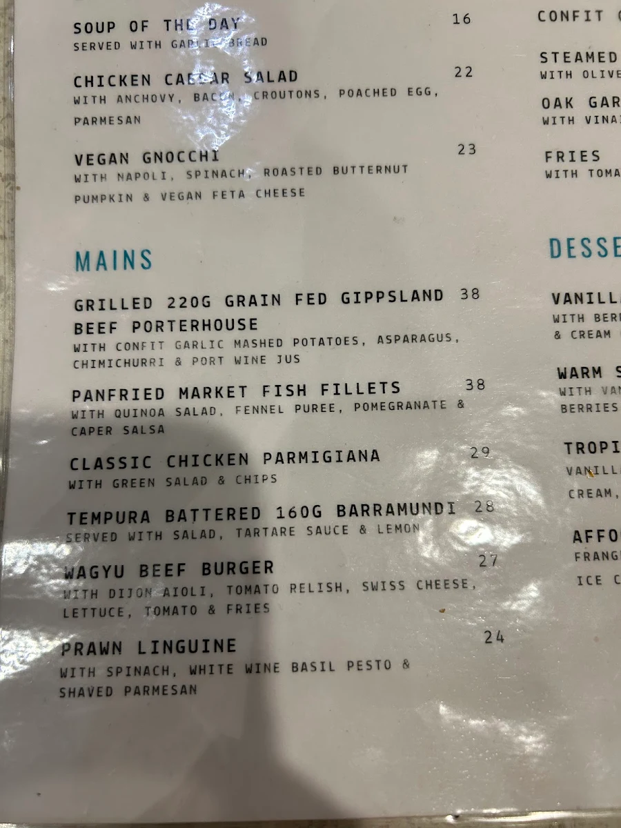 Menu, The Oakroom at Batman's
