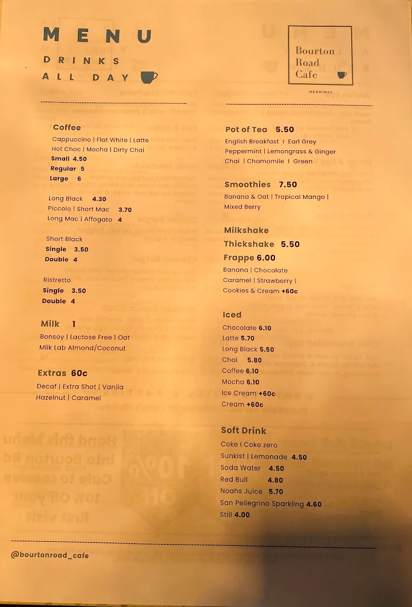 Menu, Bourton Road Cafe