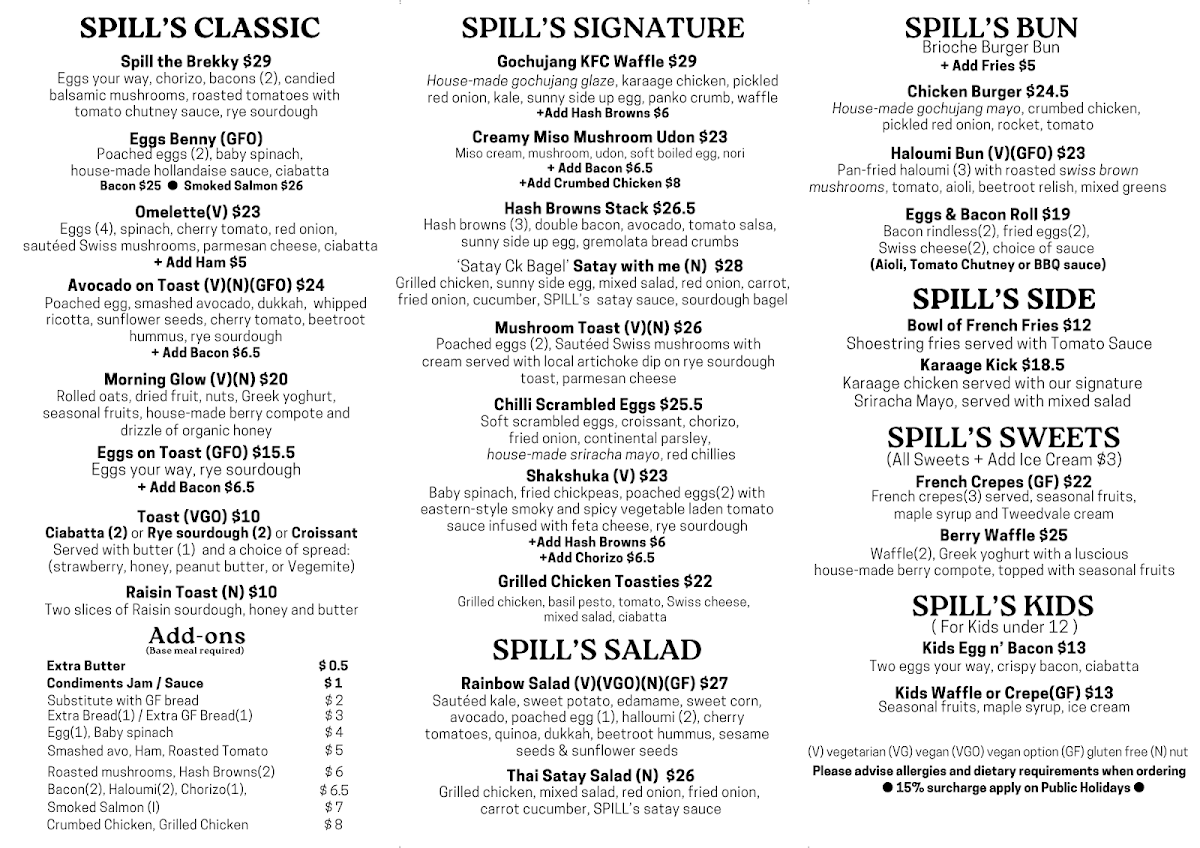 Menu, SPILL THE BEANS CAFE