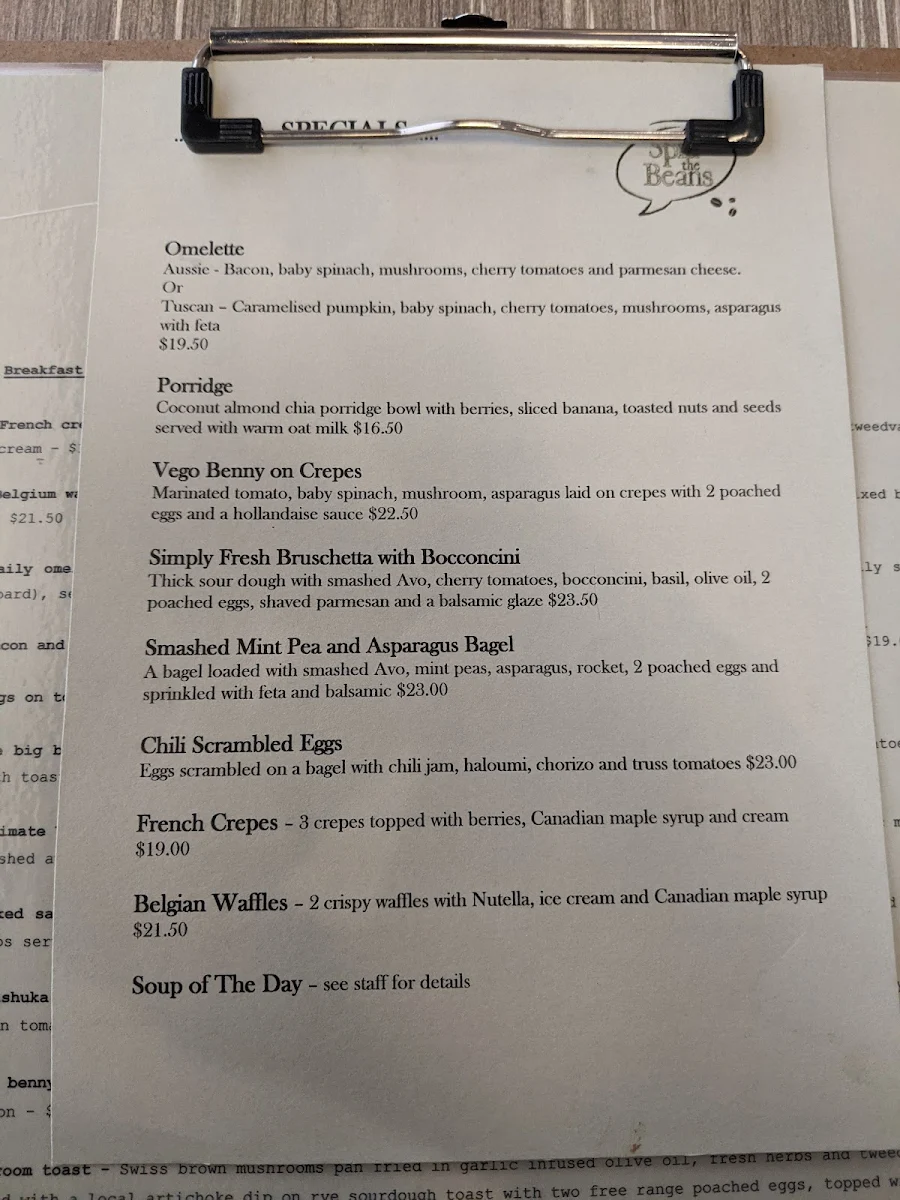 Menu, SPILL THE BEANS CAFE
