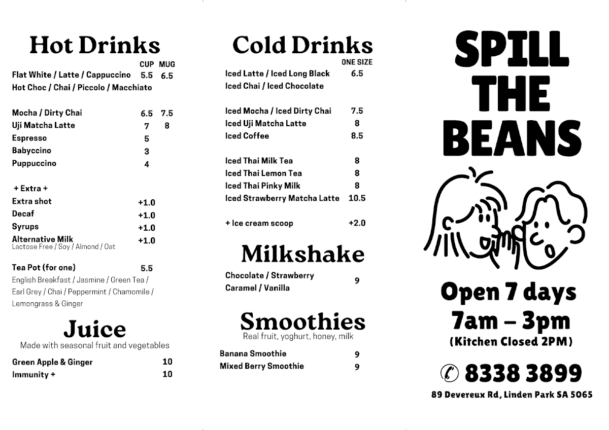 Menu, SPILL THE BEANS CAFE