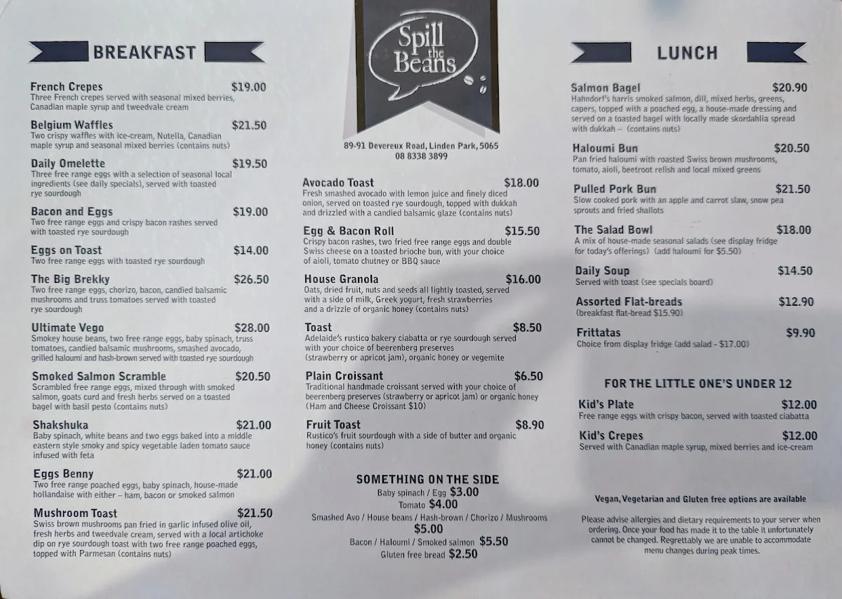 Menu, SPILL THE BEANS CAFE