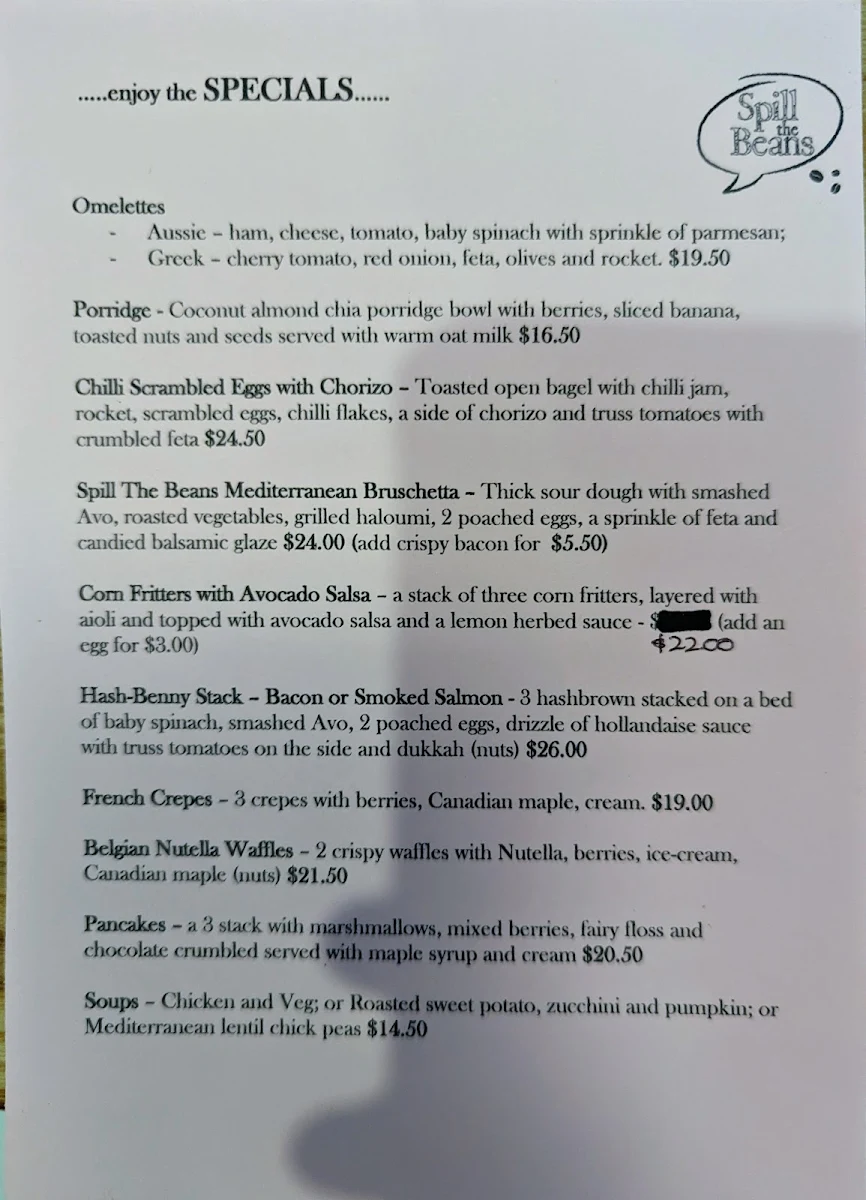Menu, SPILL THE BEANS CAFE