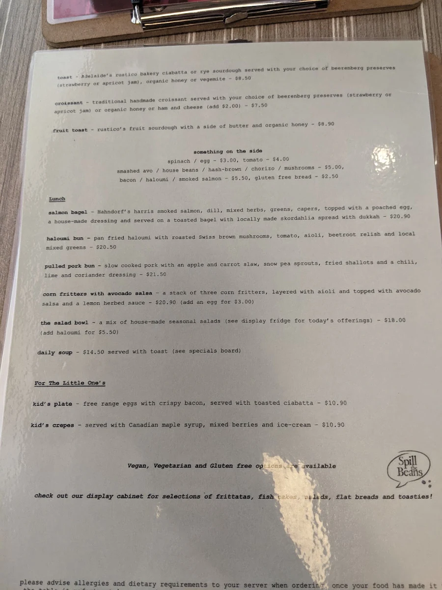 Menu, SPILL THE BEANS CAFE
