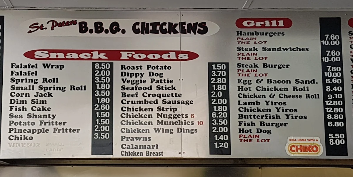 Menu, ST Peters BBQ Chickens & Seafood