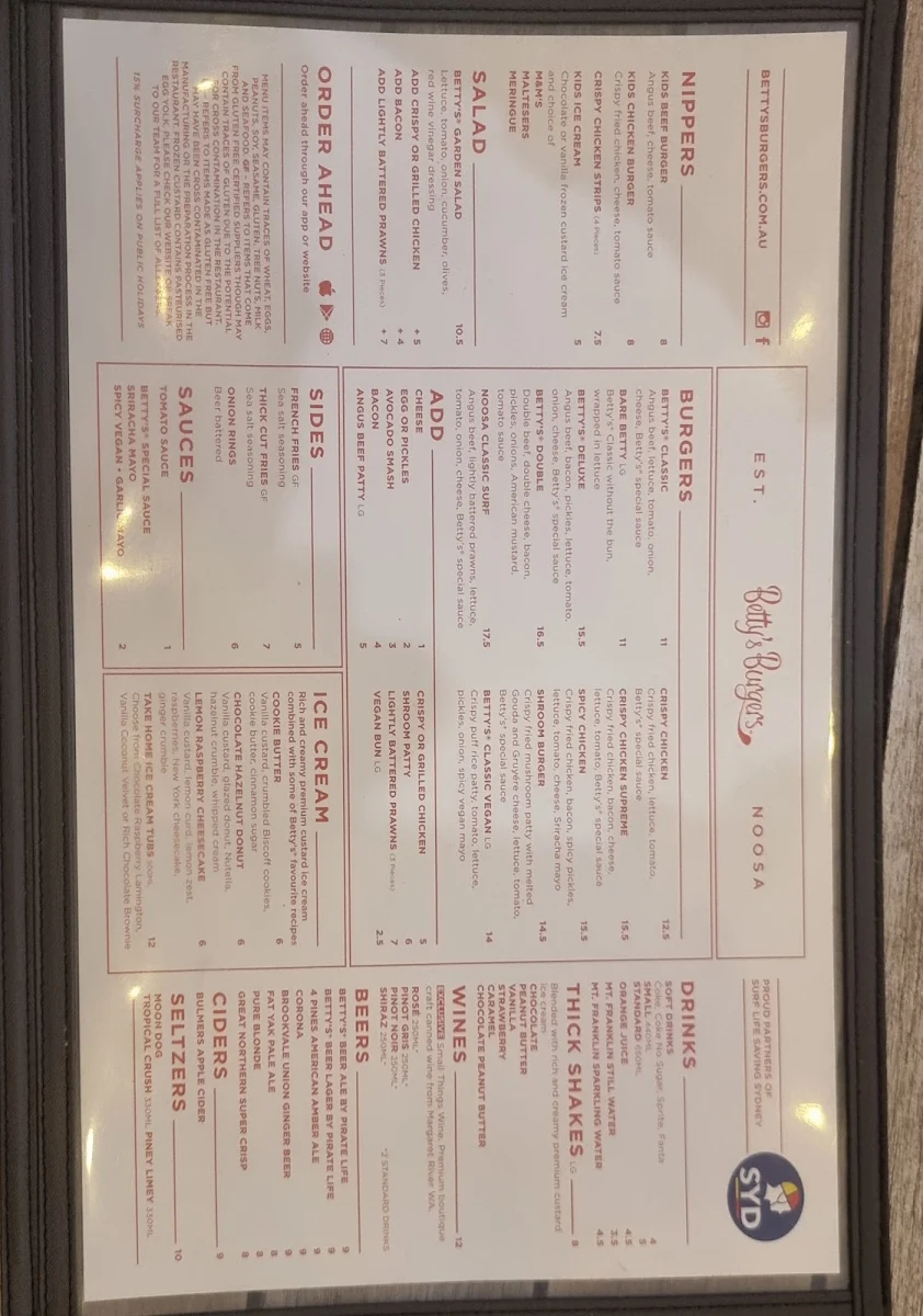 Menu, Betty's Burgers