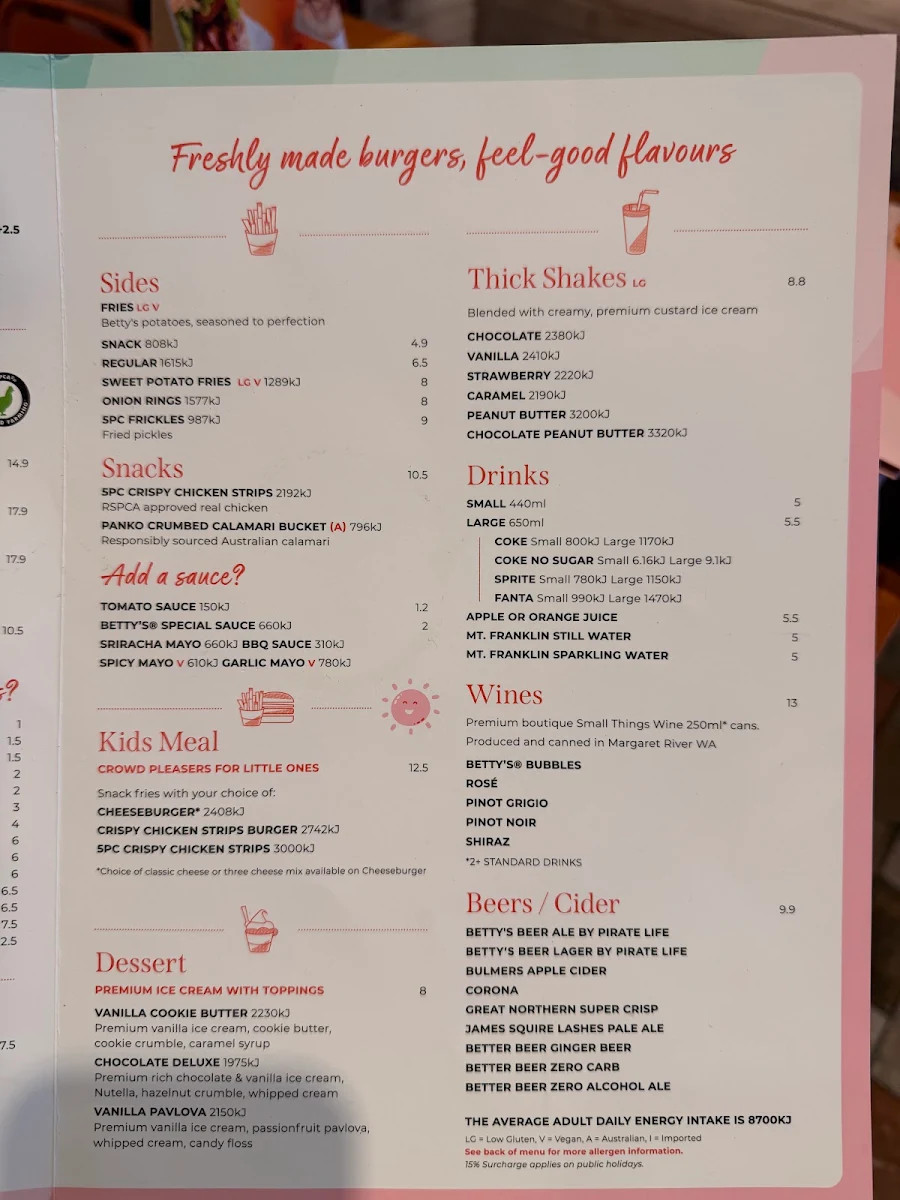 Menu, Betty's Burgers