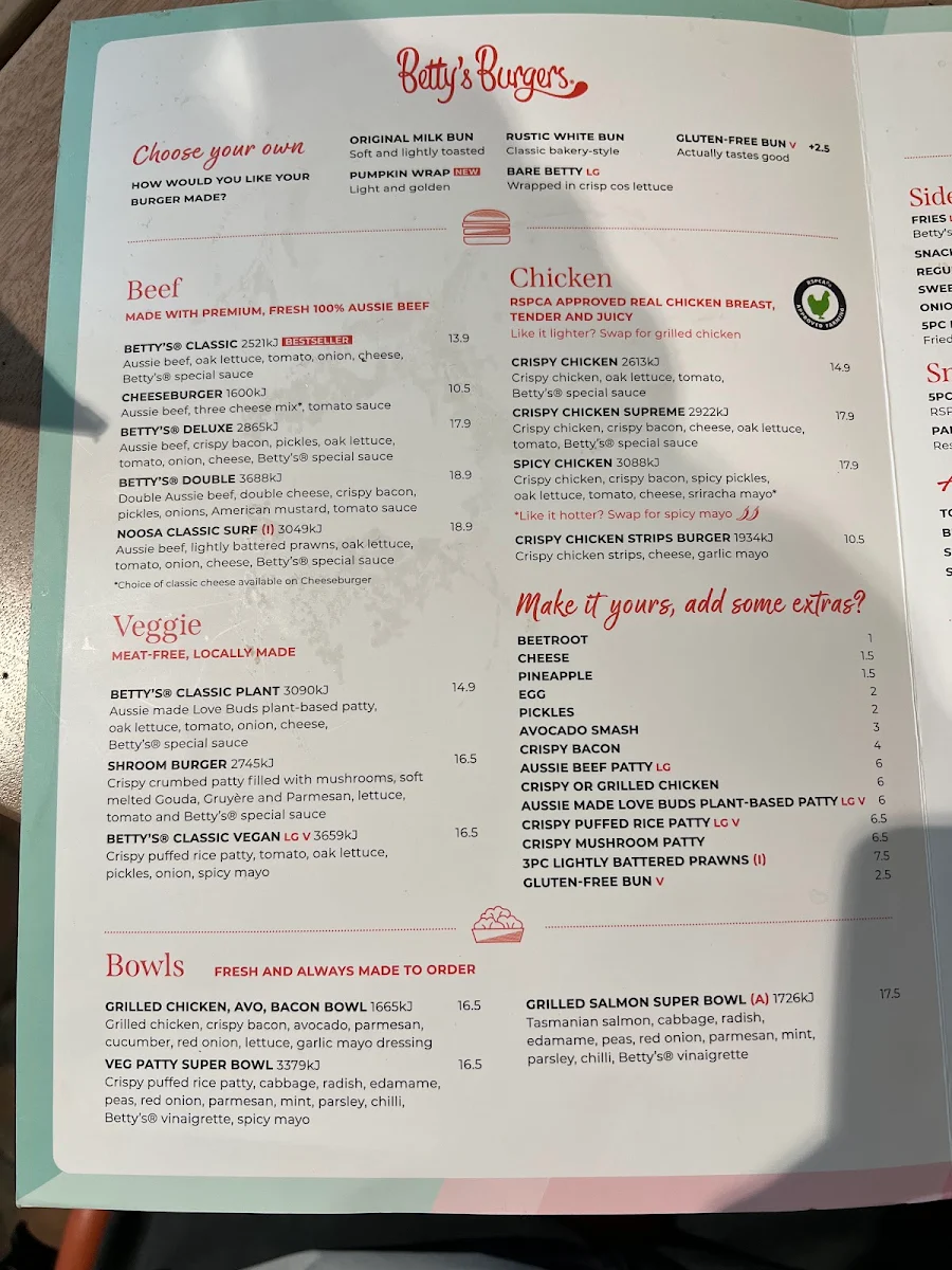 Menu, Betty's Burgers