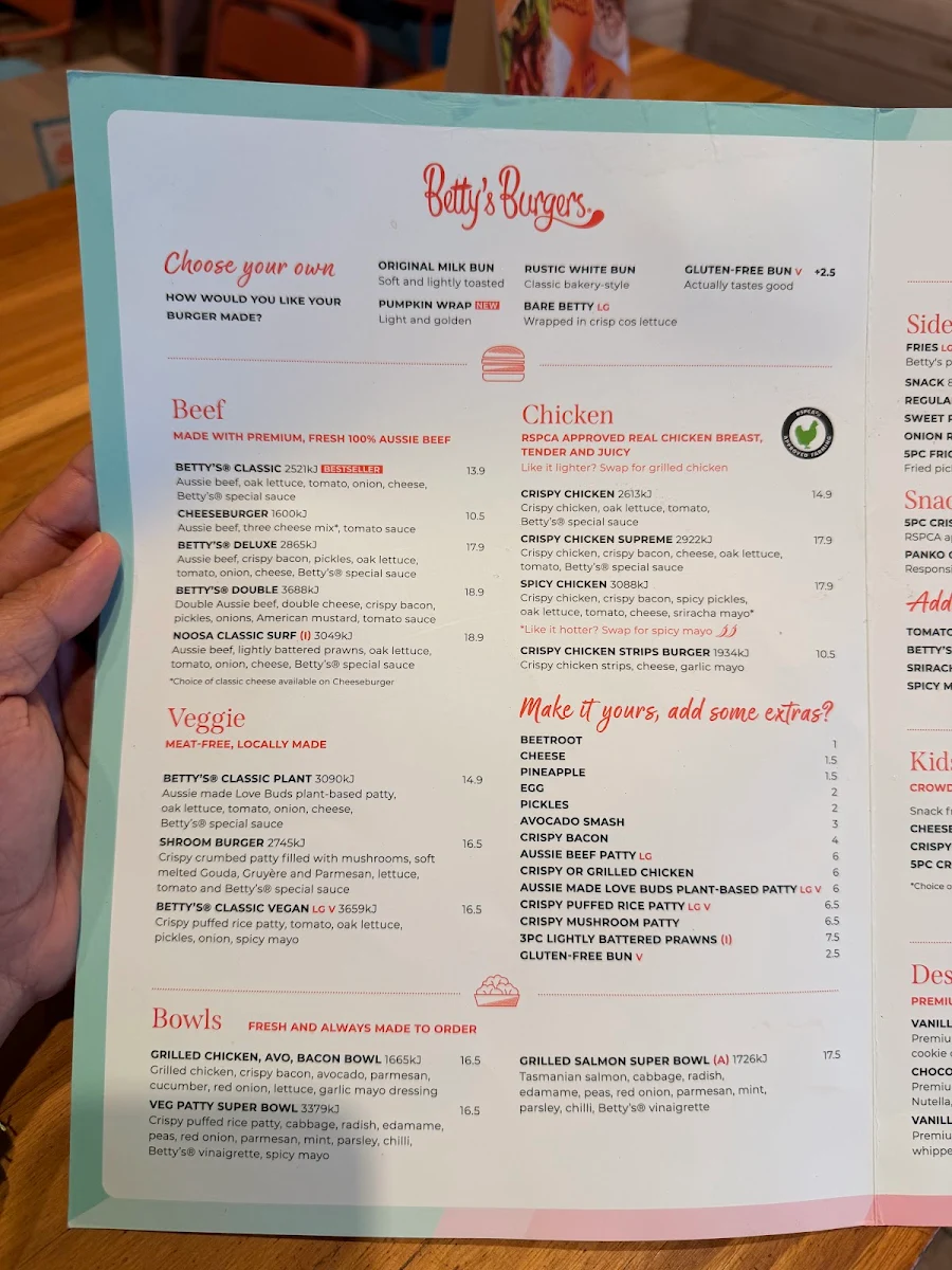 Menu, Betty's Burgers
