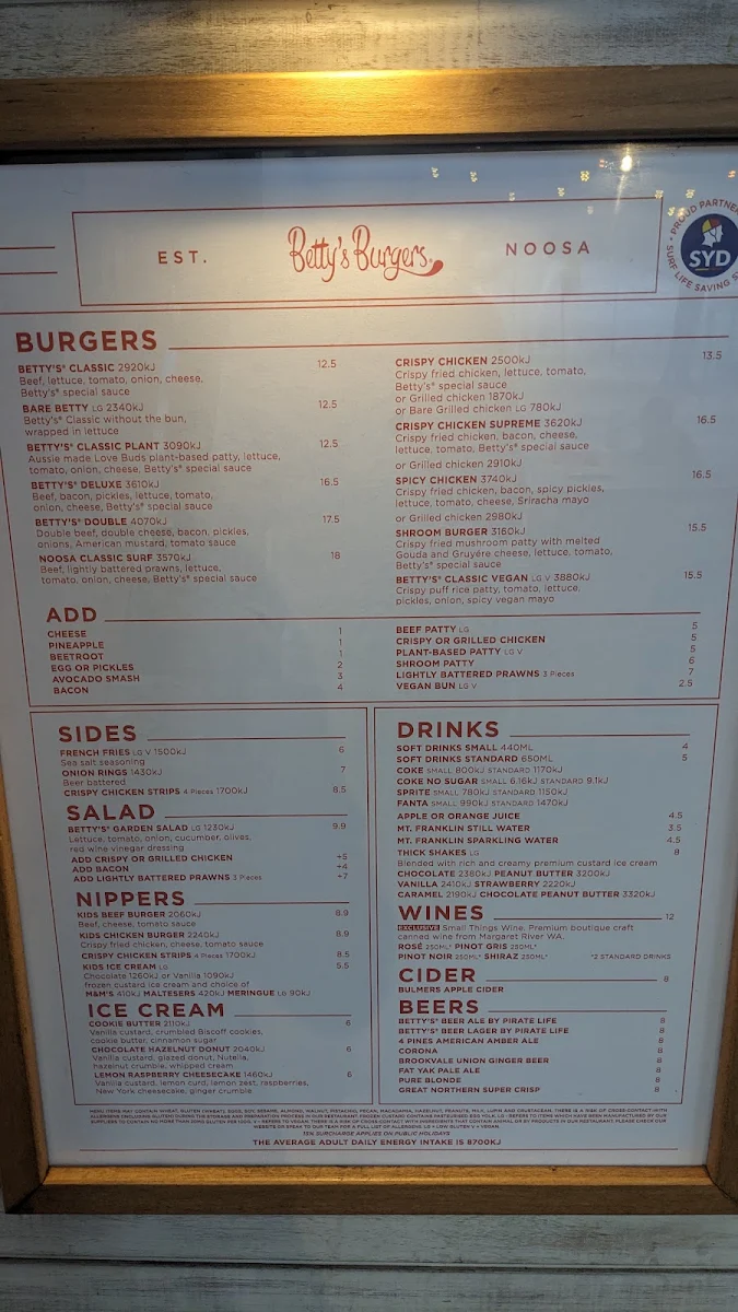 Menu, Betty's Burgers