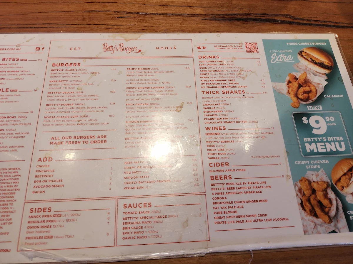 Menu, Betty's Burgers