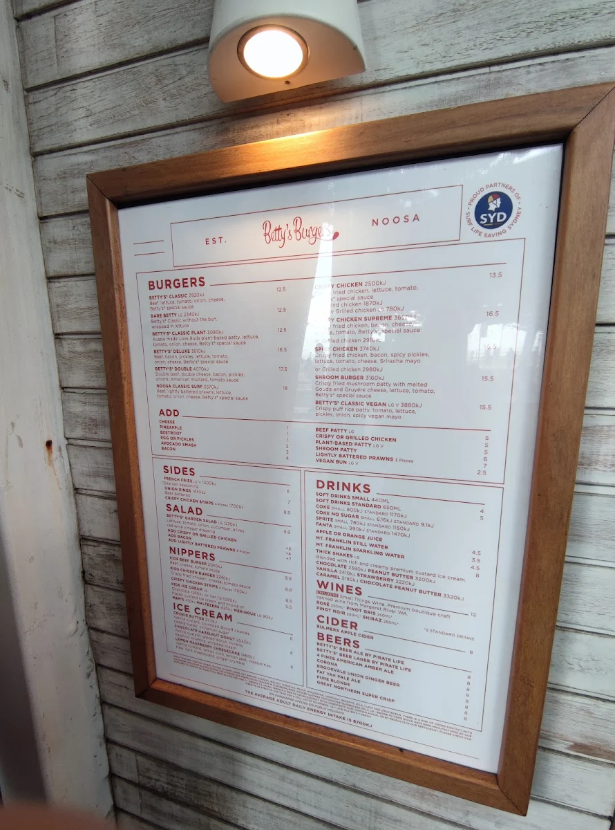 Menu, Betty's Burgers