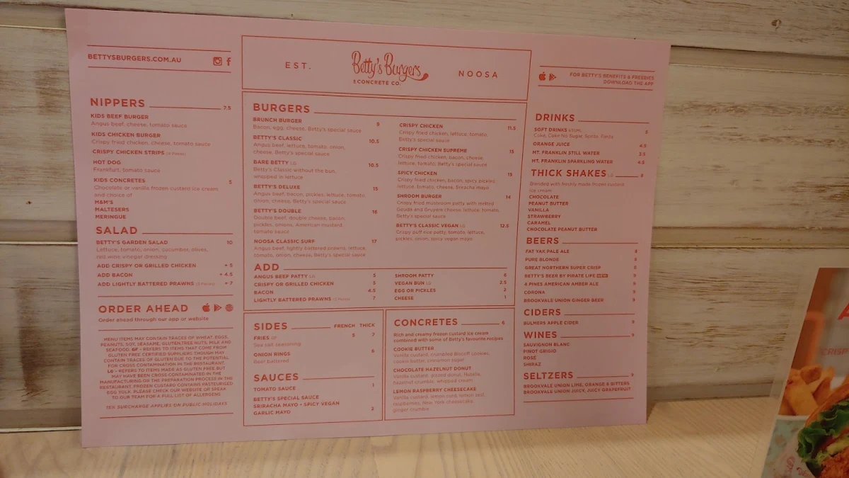 Menu, Betty's Burgers
