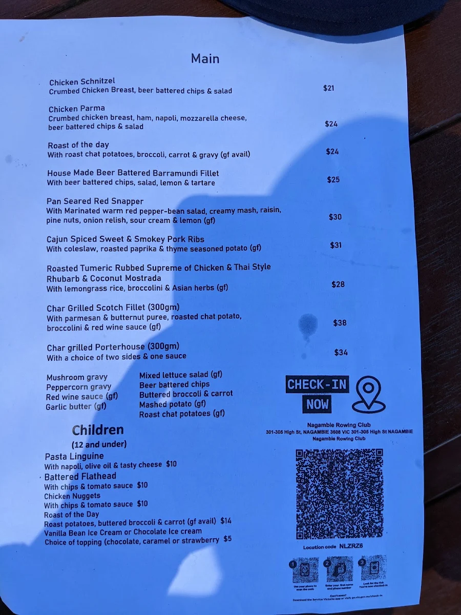 Menu, Nagambie Rowing Club