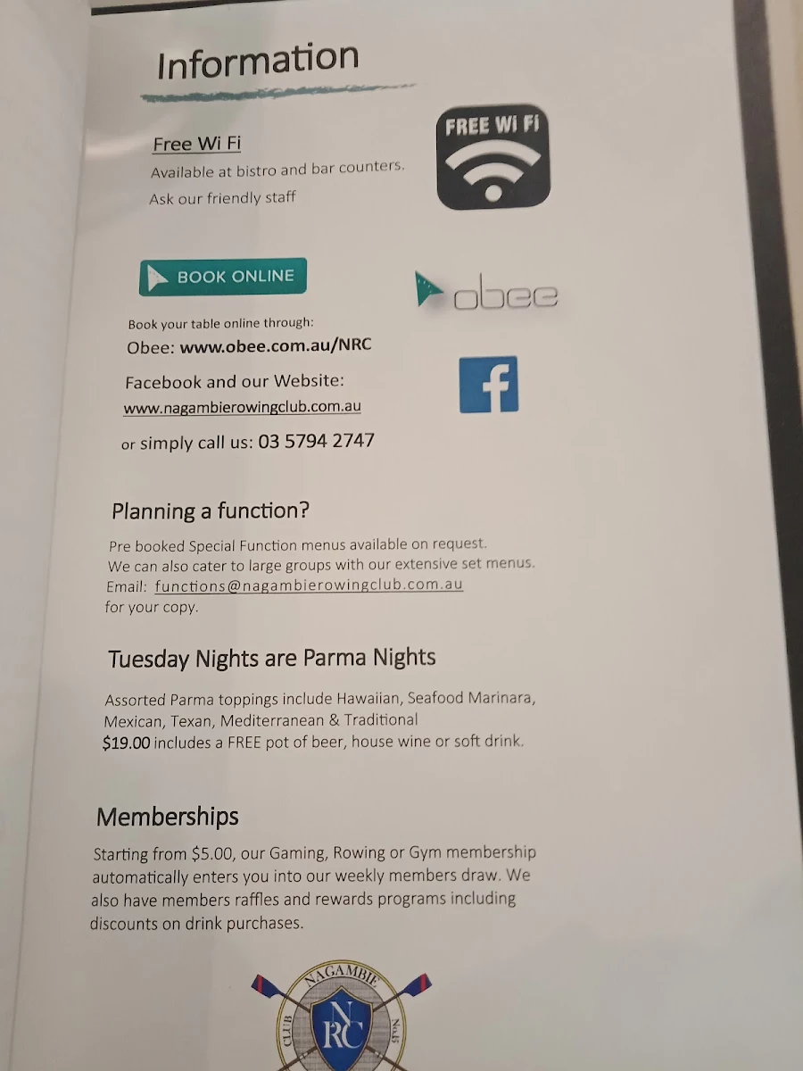 Menu, Nagambie Rowing Club