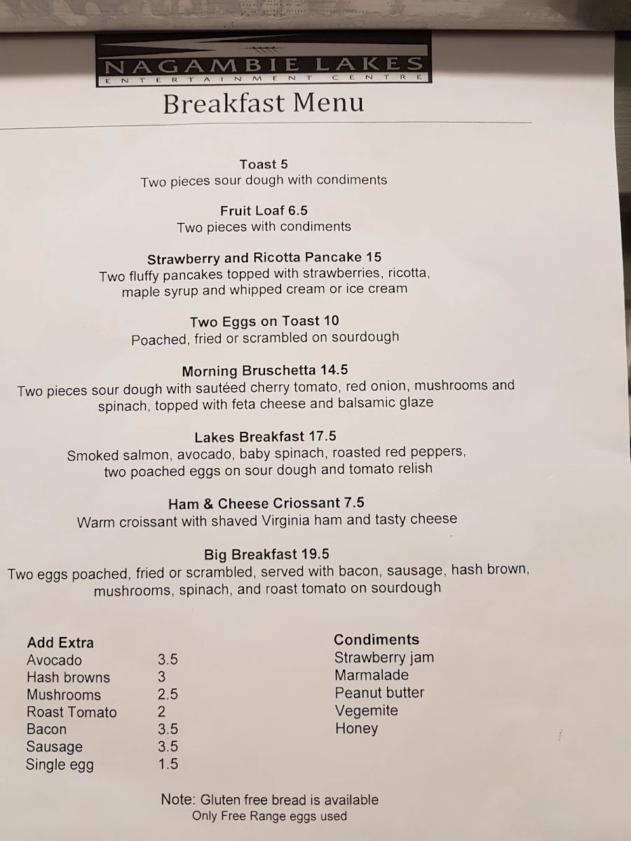 Menu, Nagambie Rowing Club