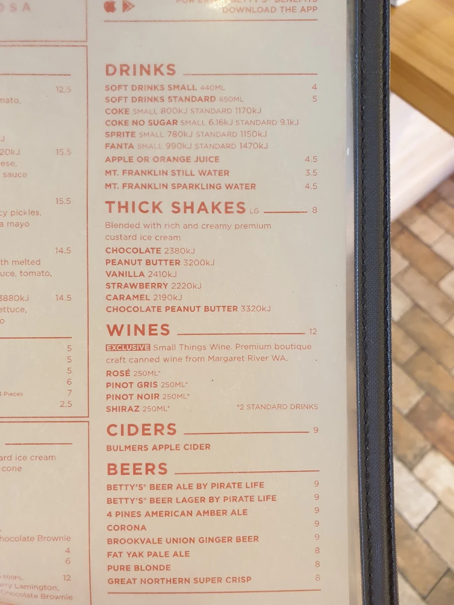 Menu, Betty's Burgers