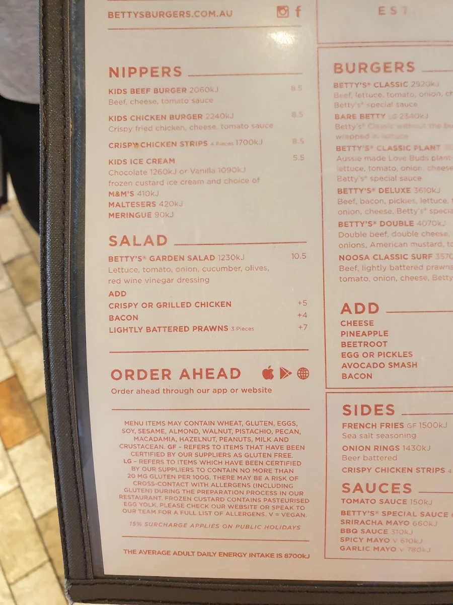 Menu, Betty's Burgers