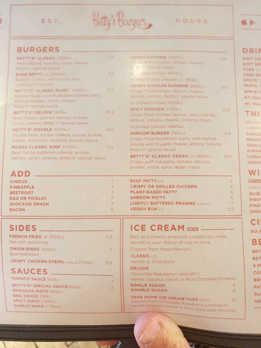 Menu, Betty's Burgers