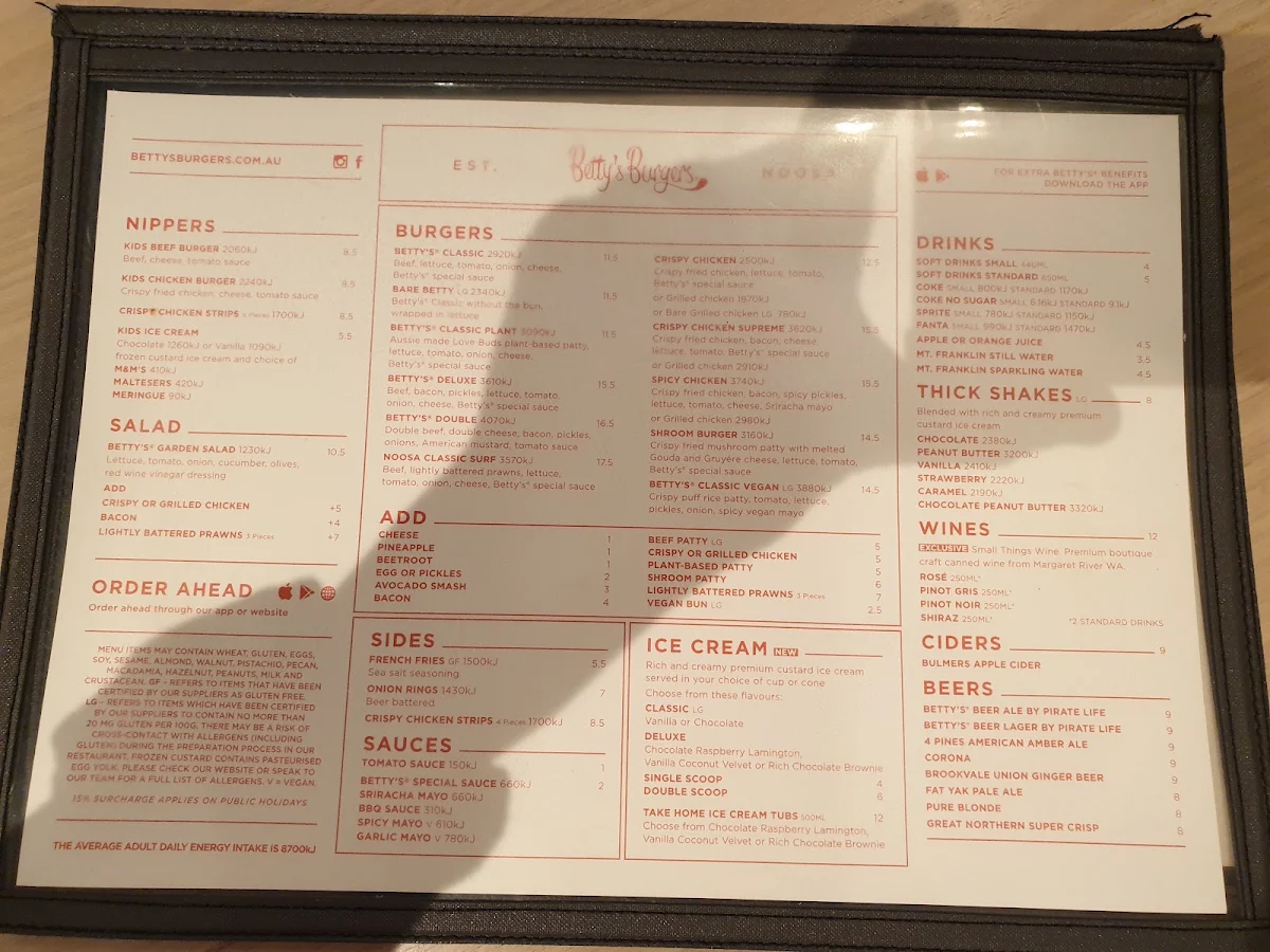 Menu, Betty's Burgers