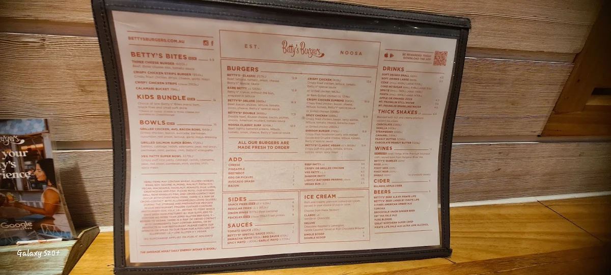 Menu, Betty's Burgers