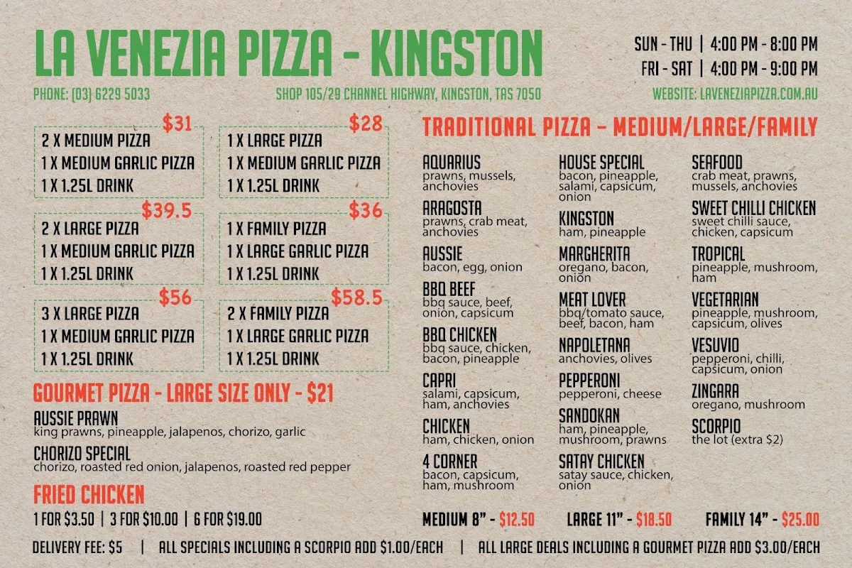 Menu, La Venezia Pizza