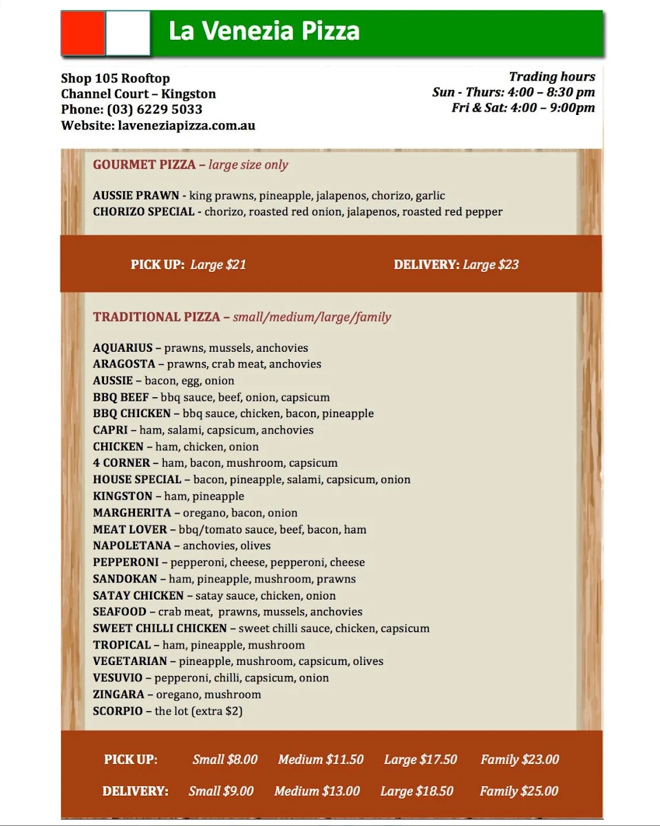Menu, La Venezia Pizza