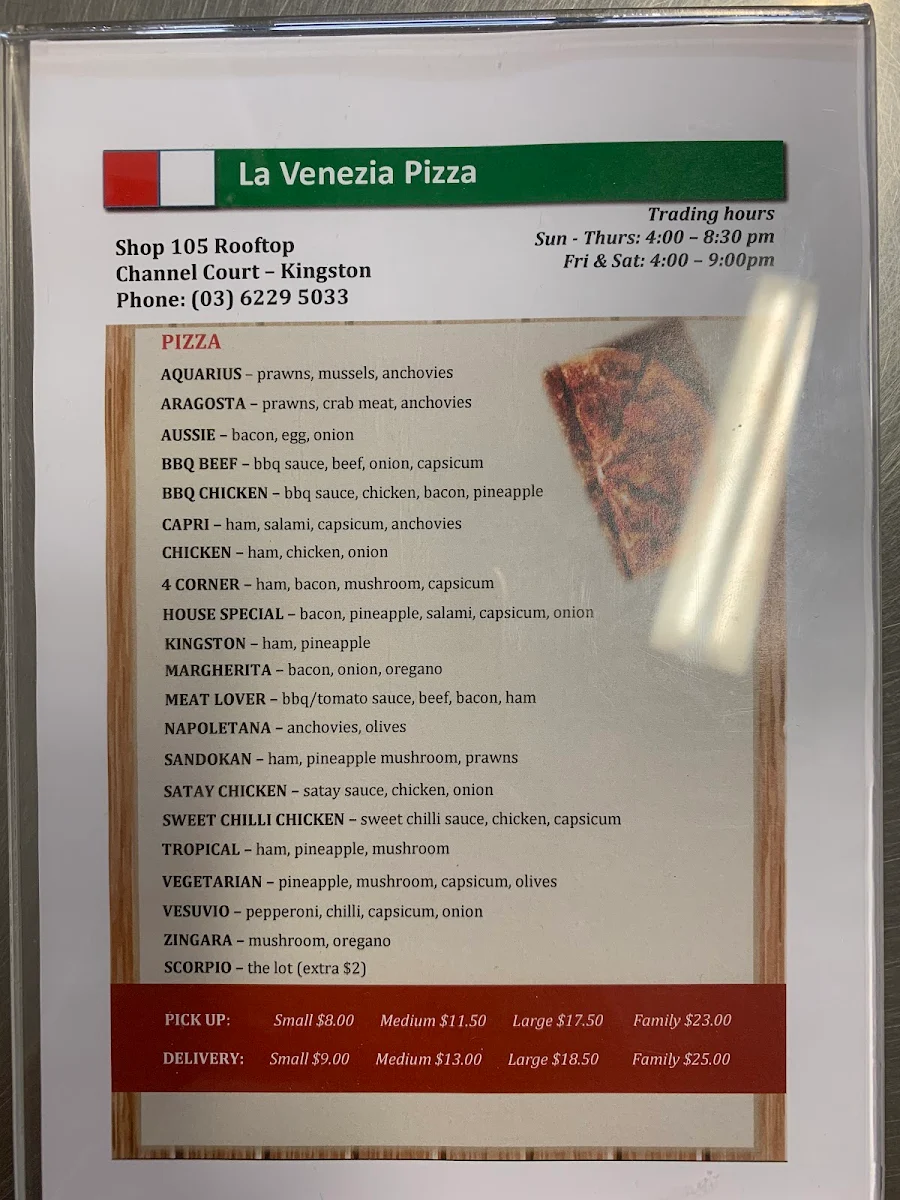 Menu, La Venezia Pizza