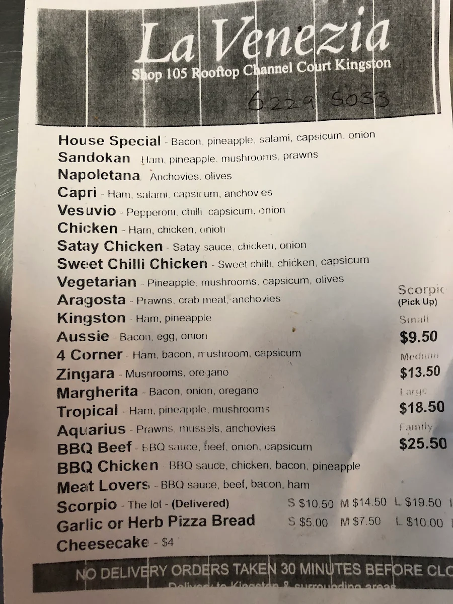 Menu, La Venezia Pizza
