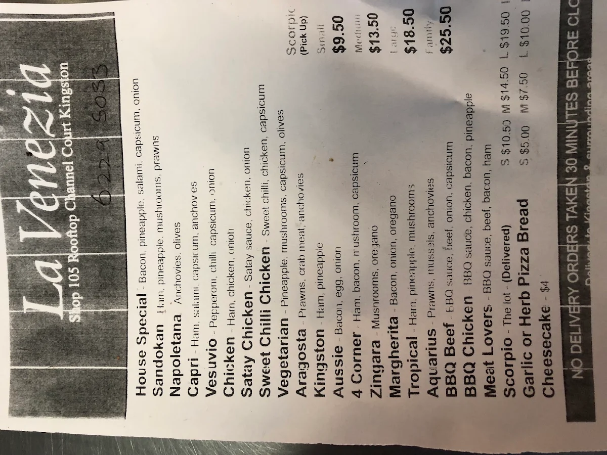 Menu, La Venezia Pizza