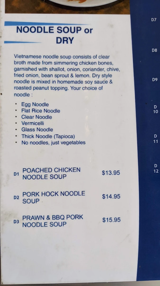 Menu, Trang Restaurant West End