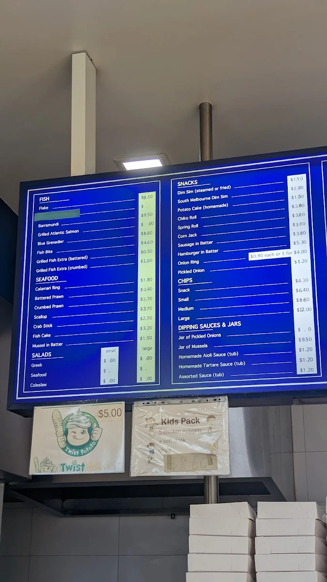 Menu, Shark Bite Fish 'n' Chippery