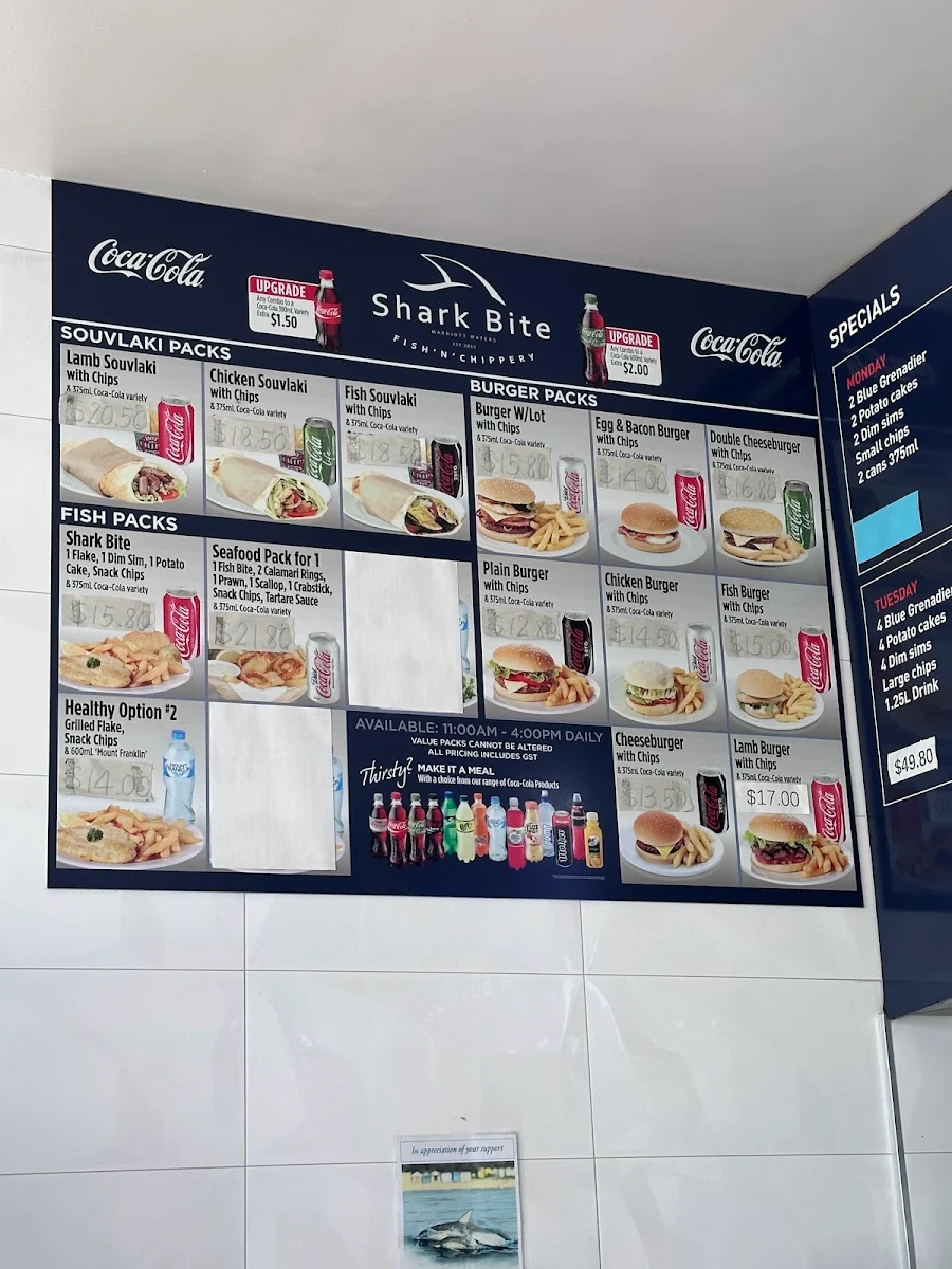 Menu, Shark Bite Fish 'n' Chippery