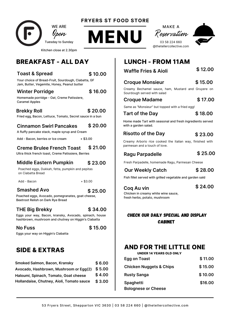 Menu, The Food Store
