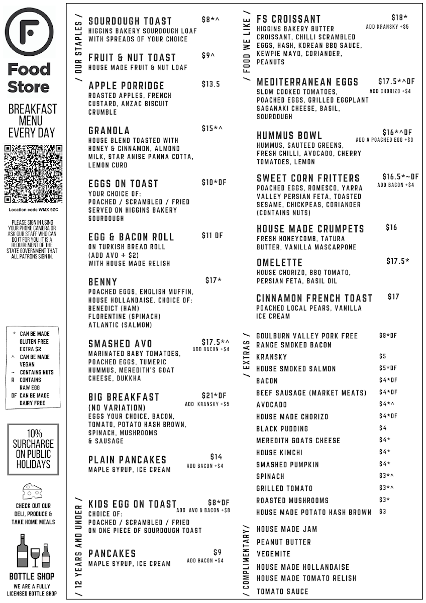 Menu, The Food Store