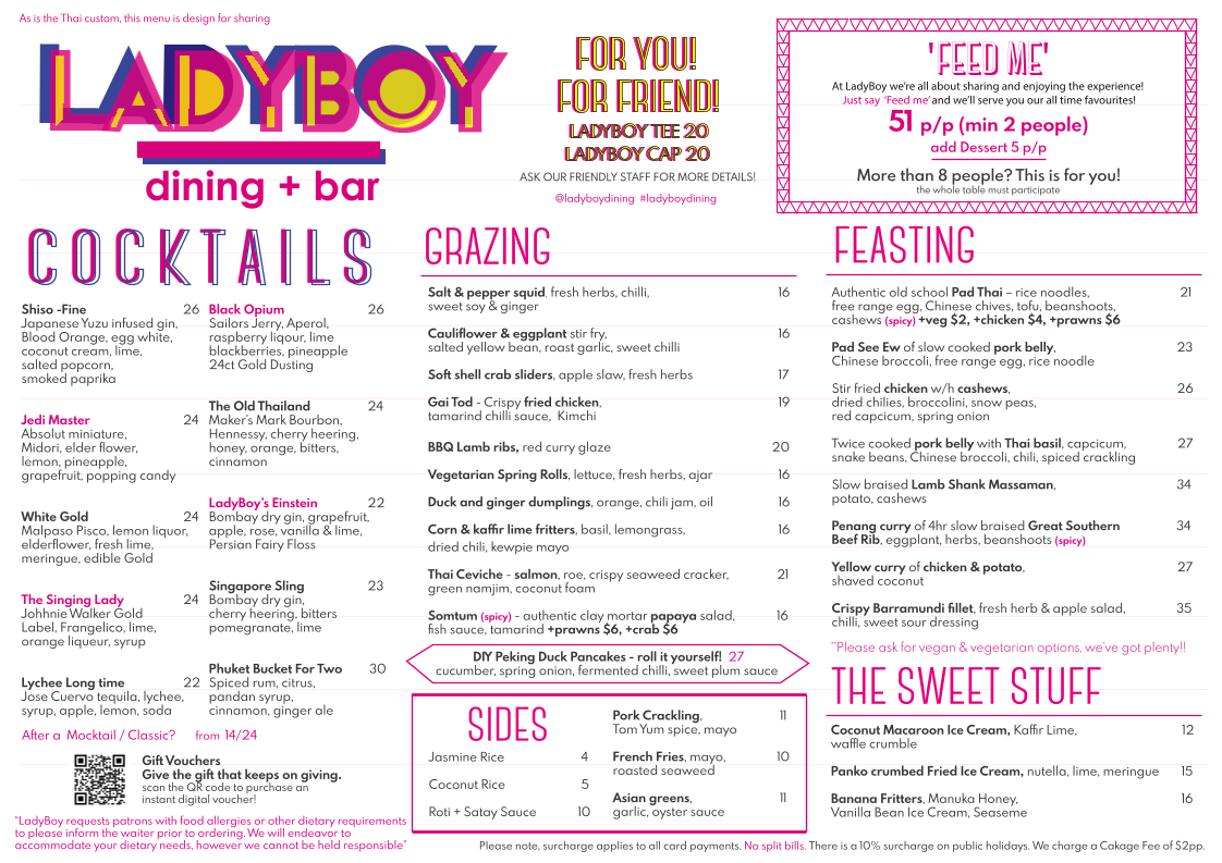Menu, Ladyboy Dining & Bar