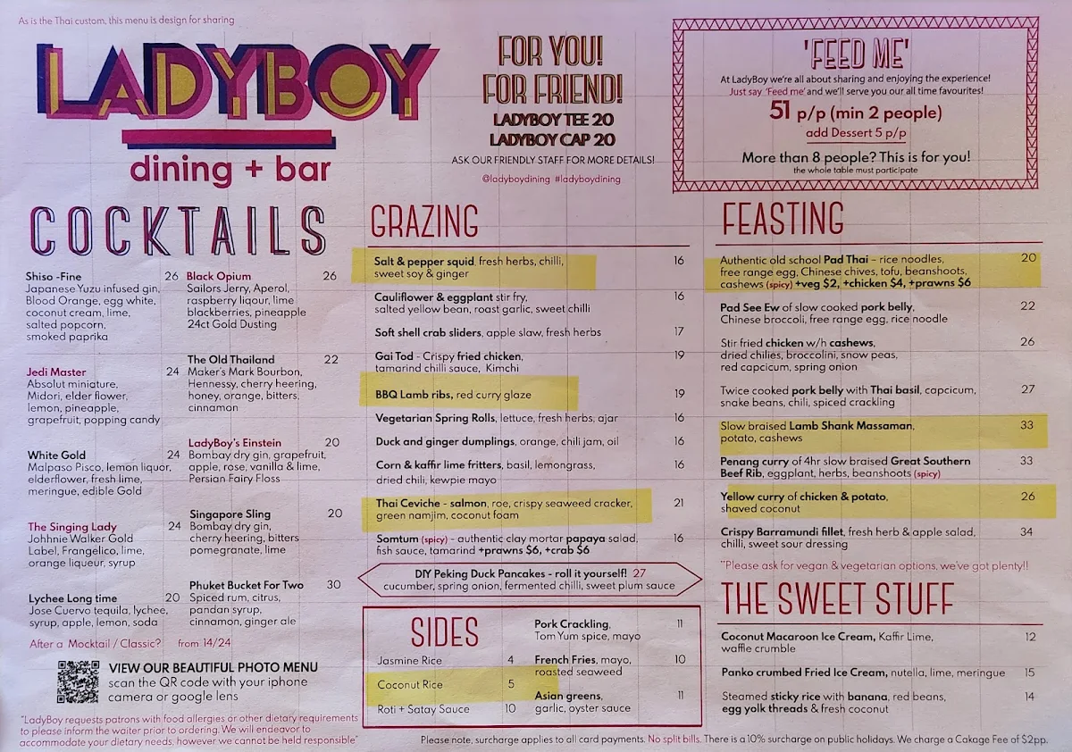 Menu, Ladyboy Dining & Bar