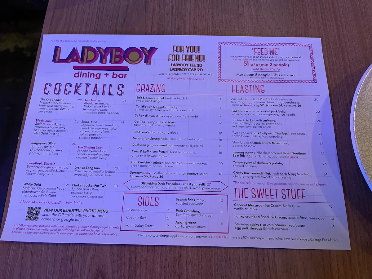Menu, Ladyboy Dining & Bar