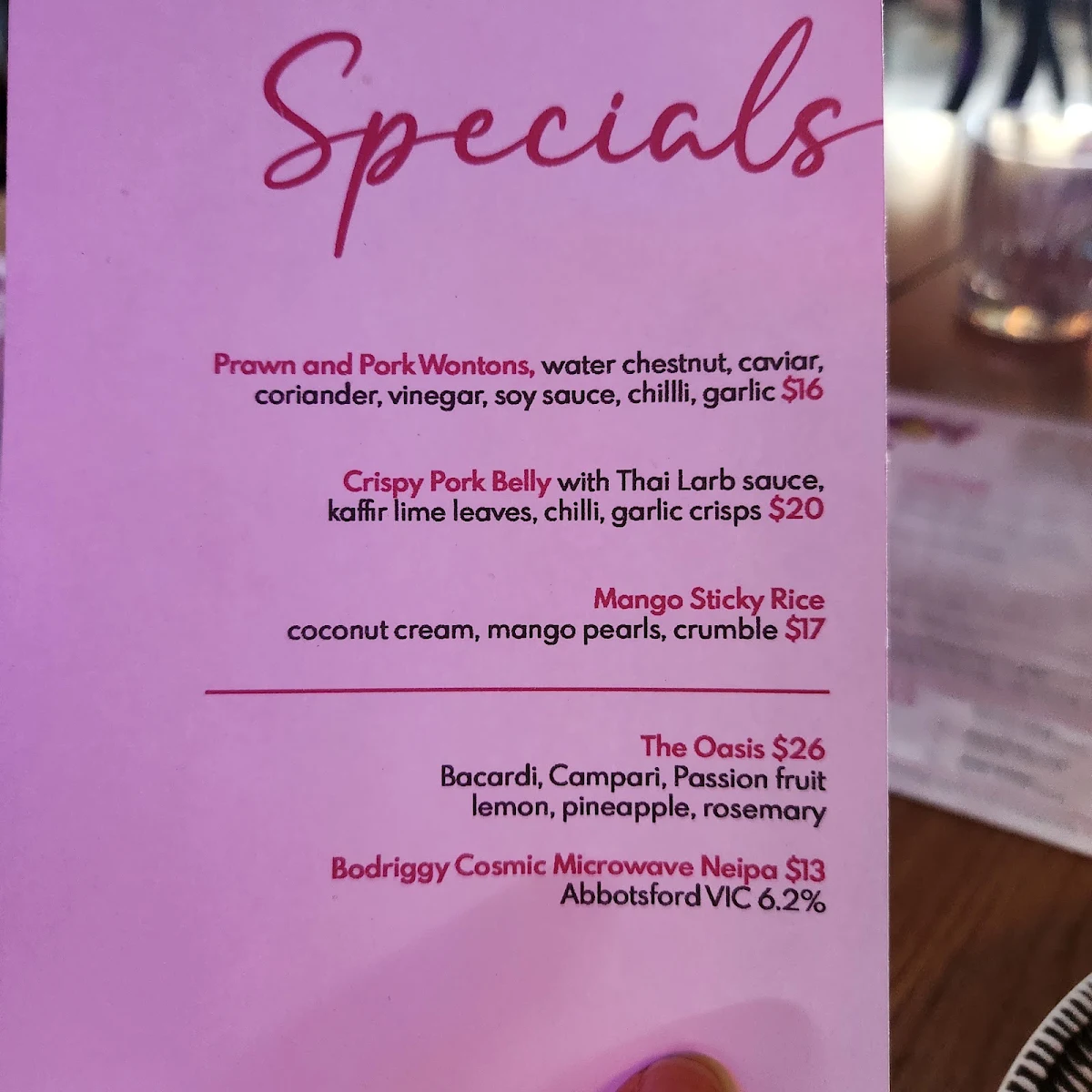 Menu, Ladyboy Dining & Bar