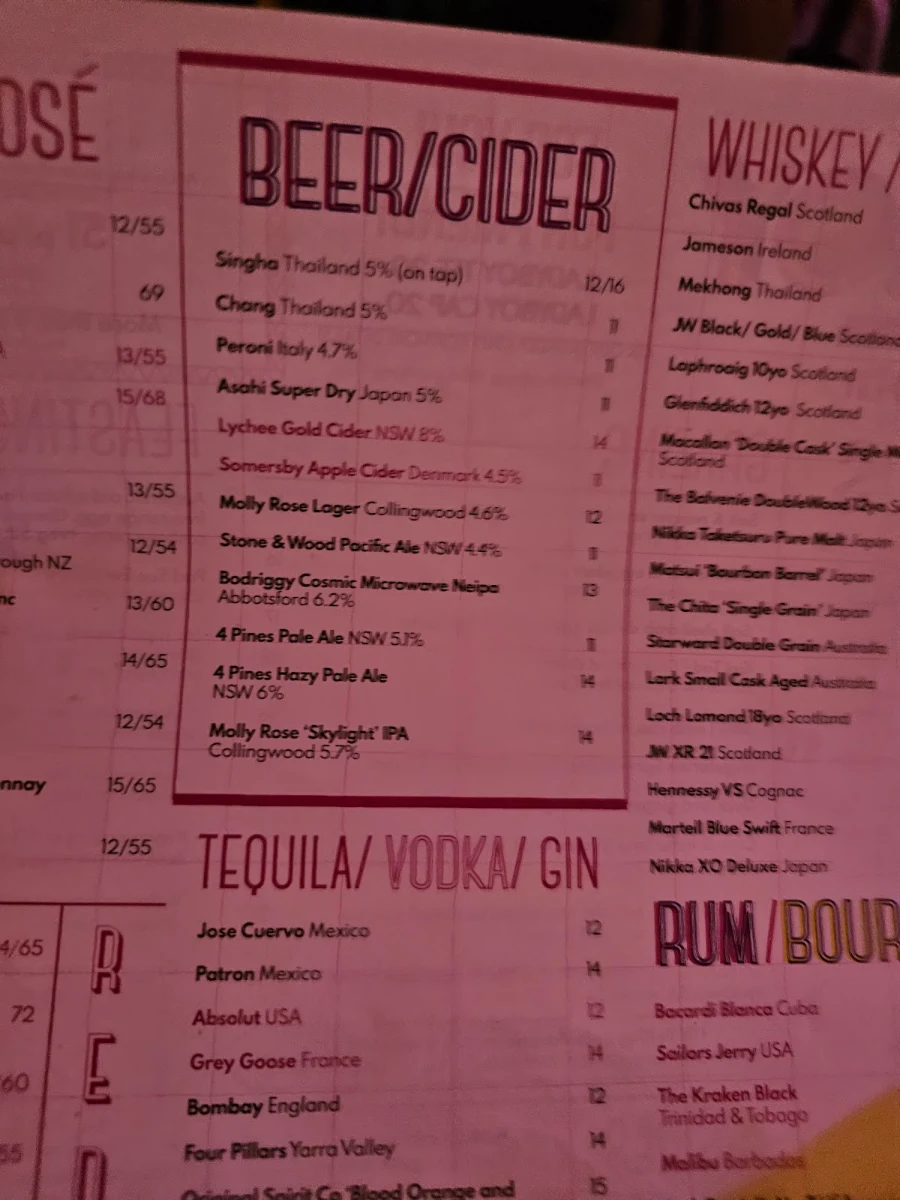 Menu, Ladyboy Dining & Bar