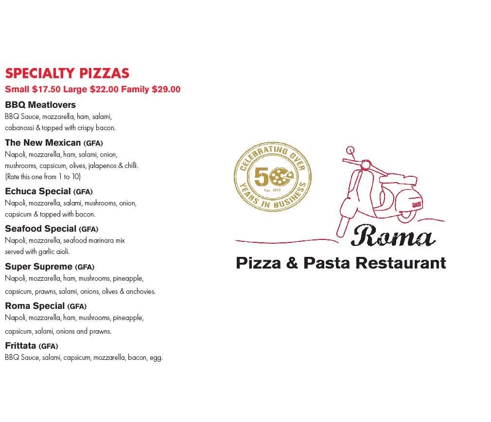 Menu, Roma Pizza Restaurant