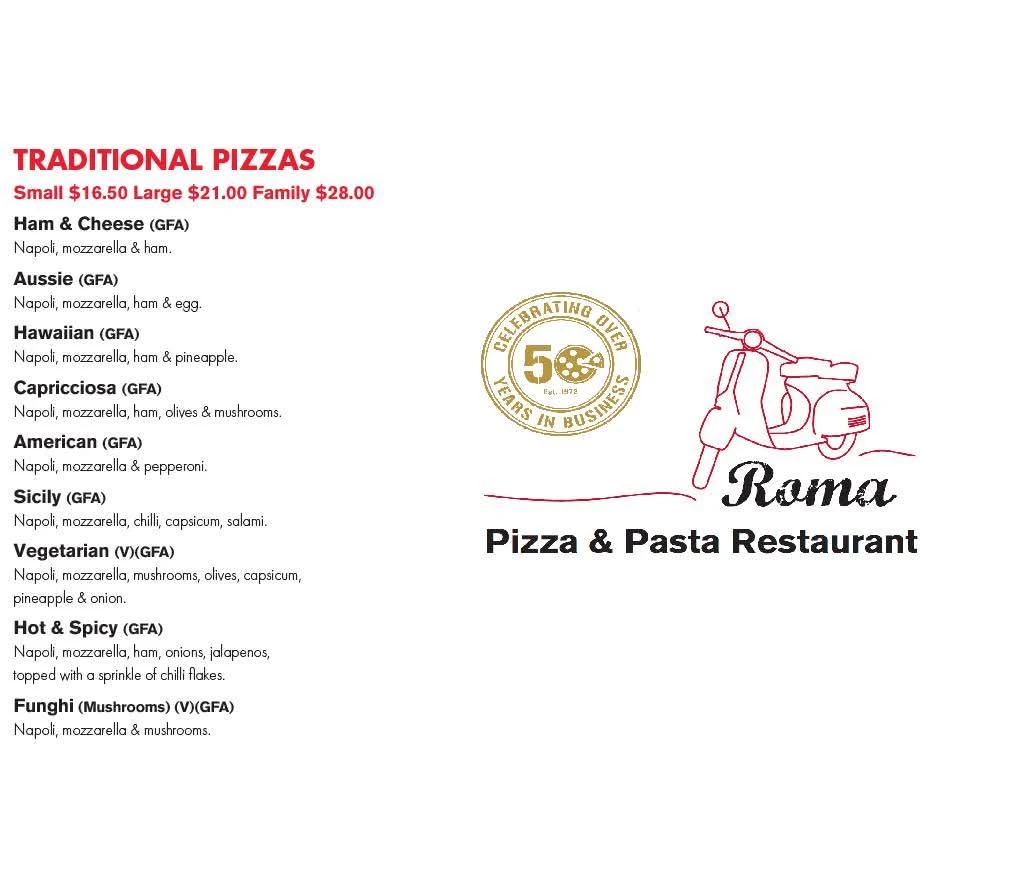 Menu, Roma Pizza Restaurant
