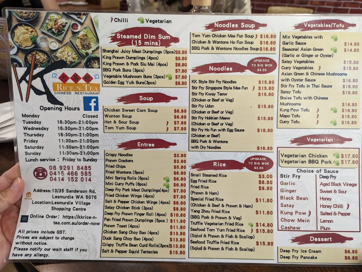 Menu, KK Rice-N-Tea Chinese Restaurant