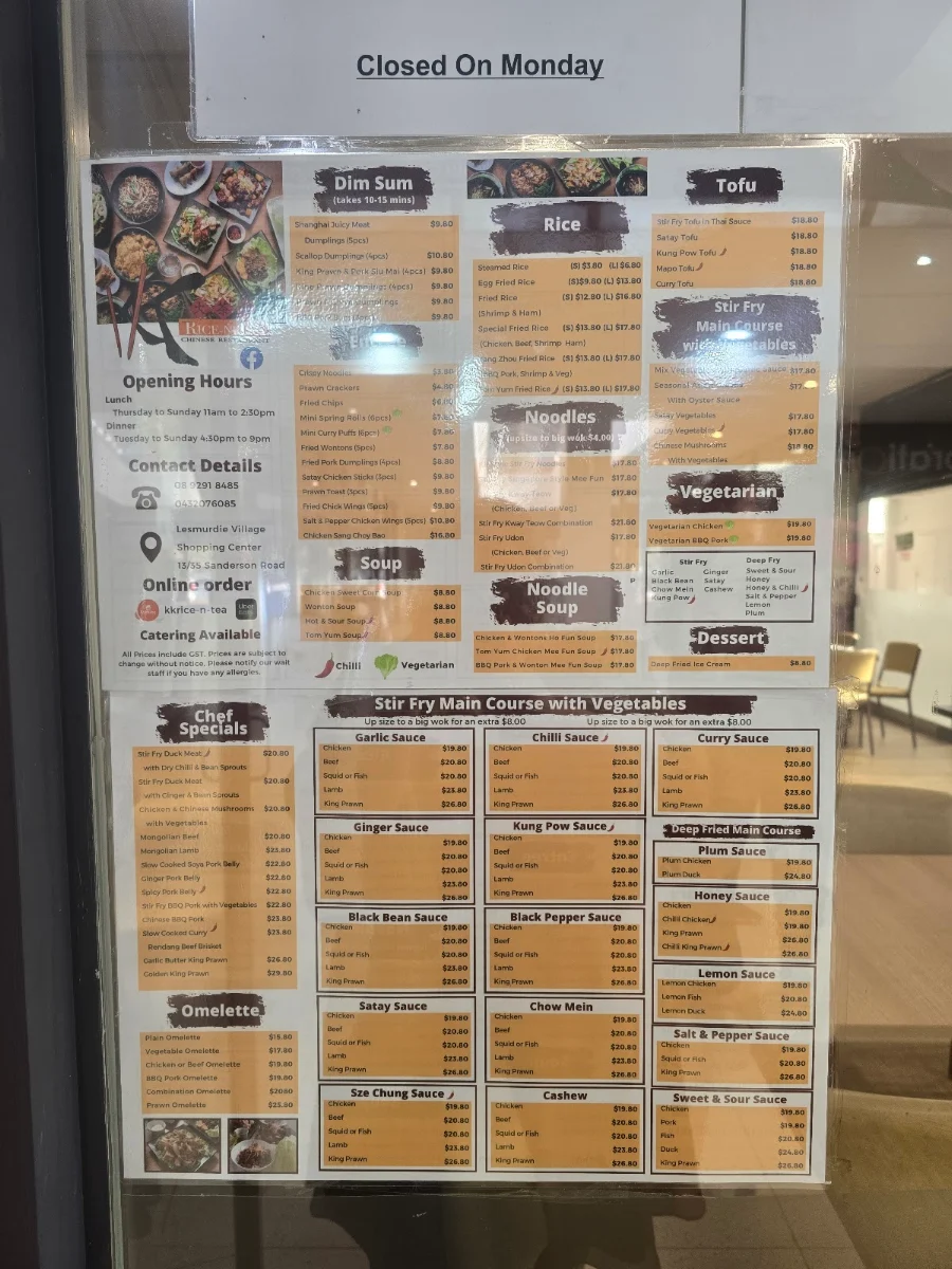 Menu, KK Rice-N-Tea Chinese Restaurant